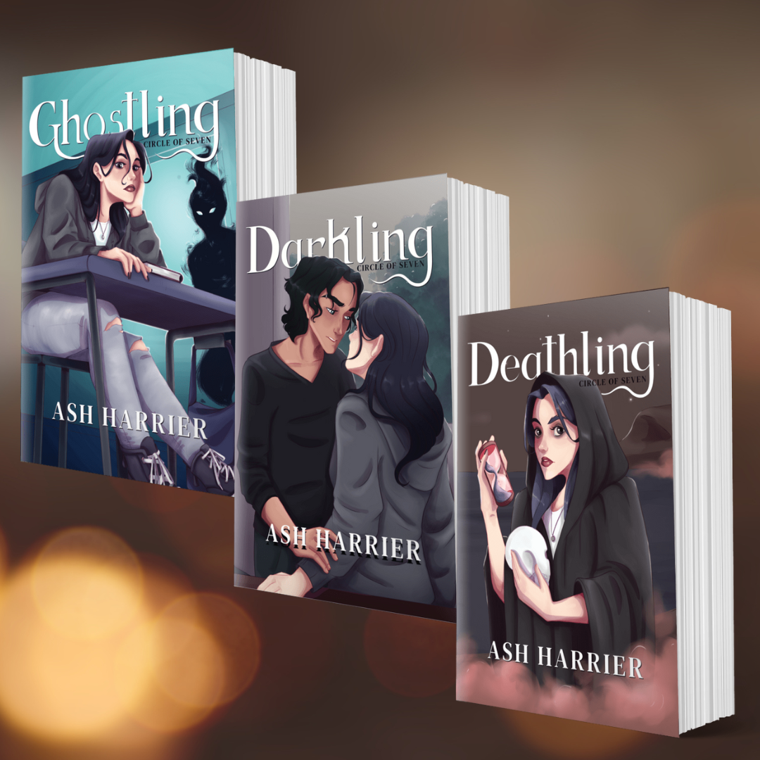 Three books titled 'Ghostling', 'Darkling', and 'Deathling' by Ash Harrier on a blurred background.